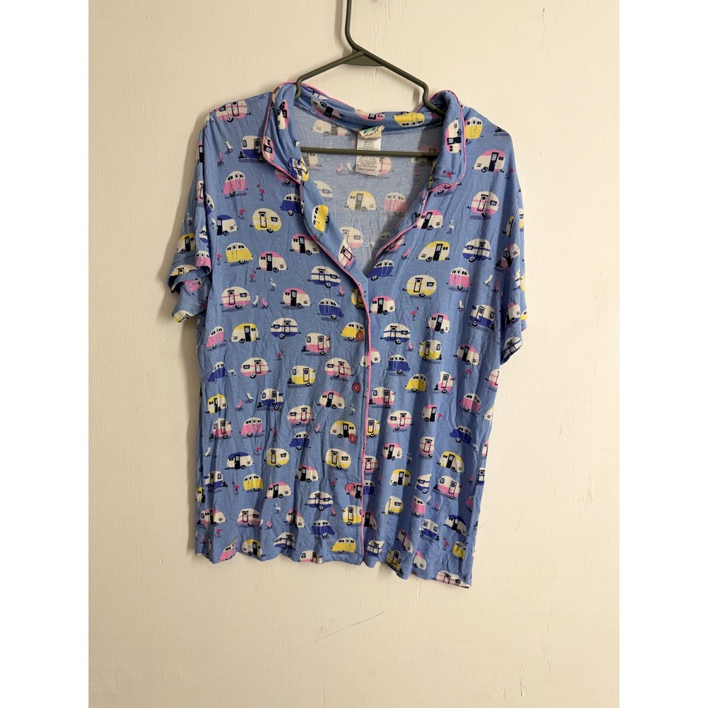 Nite Nite Munki Munki Blue Camper Flamingo Pajama Top Button Down Large
